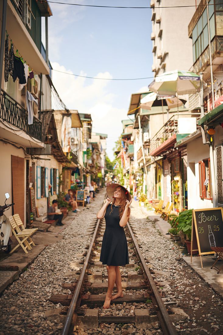 A traveller on a colourful old town street